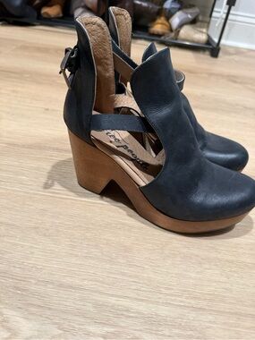 Free People Black Leather Cutout Platform Clogs with Wood Heel